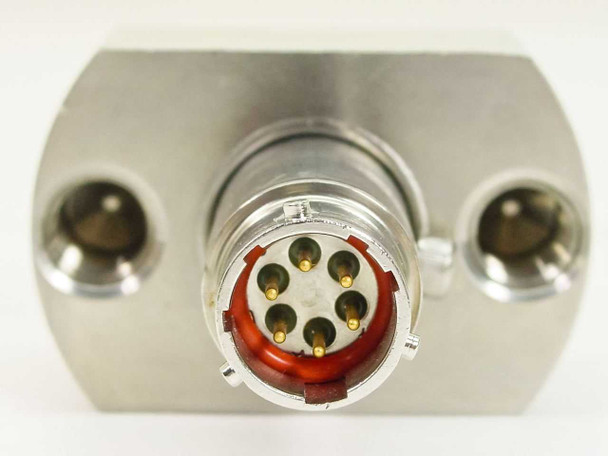 Precise Sensors 111-2-1000-01-G-35-10-B6 pressure transducer — end-on view of 6-pin gold-contact circular connector with red seal ring