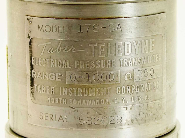 Taber Teledyne 176-SA nameplate closeup showing MODEL 176-SA, RANGE 0-1000, 350 Ohm, Taber Instrument Corporation, North Tonawanda NY USA, Serial 582629