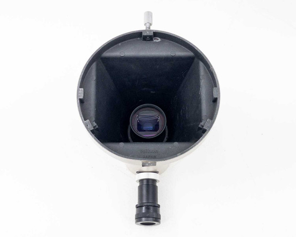 Nikon AFX-IIA — top-down view into funnel housing showing internal lens element and 'Made in Japan' marking