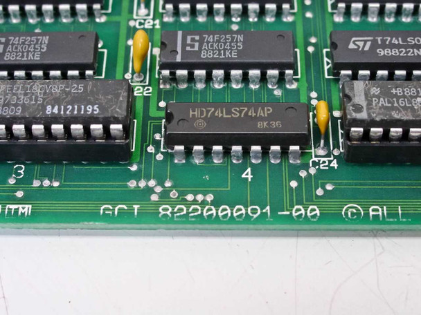 Gateway 82200091-01 PCB close-up – center ICs including HD74LS74AP, 74F257N (SGS/Signetics), ST T74LS series, PAL16L8, and board marking GCT 82200091-00