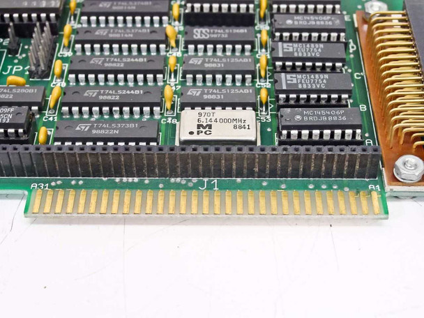 Gateway 82200091-01 ISA card – ISA edge connector end close-up showing 6.144 MHz oscillator, ST T74LS series ICs, MC145406P, and J1 connector header