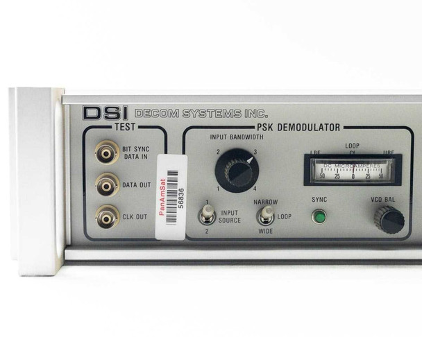 DSI 7376 front panel left section close-up: PSK Demodulator with Test BNC outputs (Bit Sync/Data In, Data Out, Clock Out), Input Bandwidth knob, Input Source switch, Loop switch, Sync LED, VCO Bal knob, and Loop meter; PanamSat asset tag visible