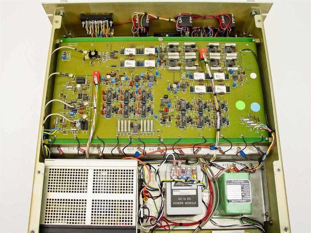 Hughes Range Tone Processor interior top-down view showing main PCB with through-hole components and Acopian AC to DC Power Module