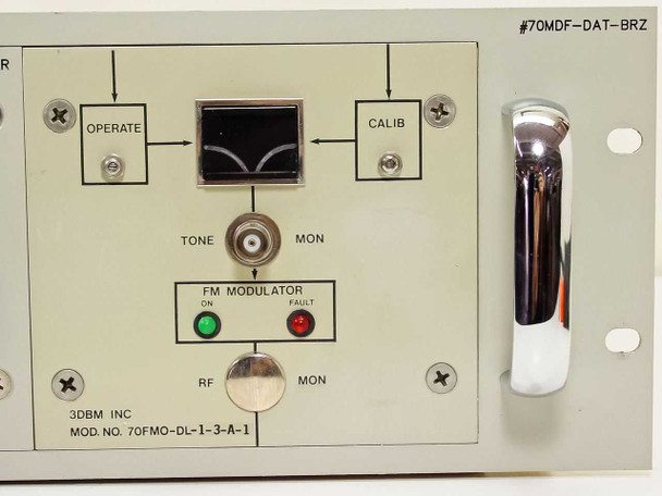3dbm 70FMO-DL-1-3-A-1 FM modulator plugin front panel showing Operate/Calib meter, Tone BNC, RF BNC, FM Modulator ON and Fault indicators