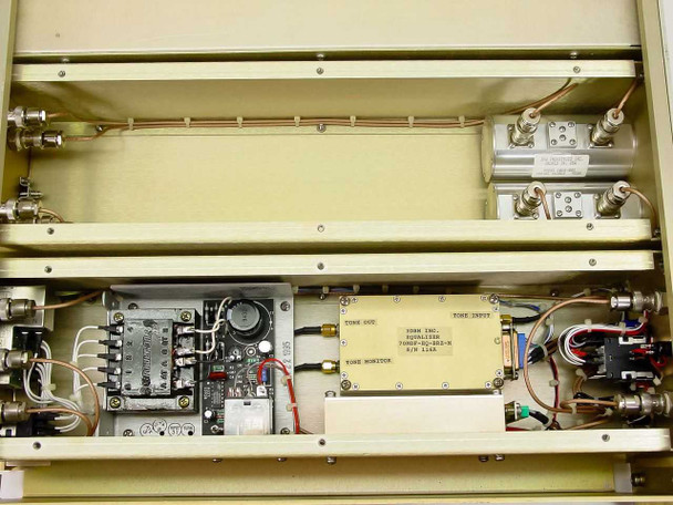 3dbm 70MDF-DAT-BRZ chassis interior view showing internal RF cabling, relay board, and labeled internal module (3dbm Inc. 70MGF-DL-AKS-B S/N 1165)