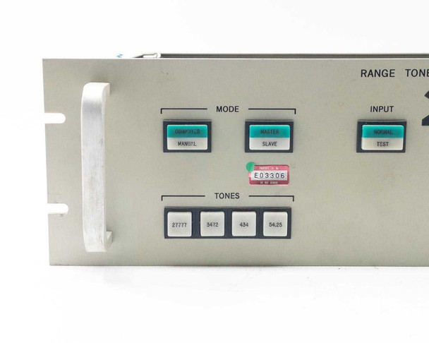 Hughes Range Tone Processor front panel left side — Mode Computer/Manual and Master/Slave buttons, Tones selector buttons showing frequencies 27777, 3472, 434, 54.25, and asset tag E03306