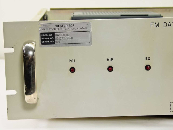 Hughes FM Data Detector front panel close-up showing PSI, MIP, and EX LED indicators with Westar-SCF label
