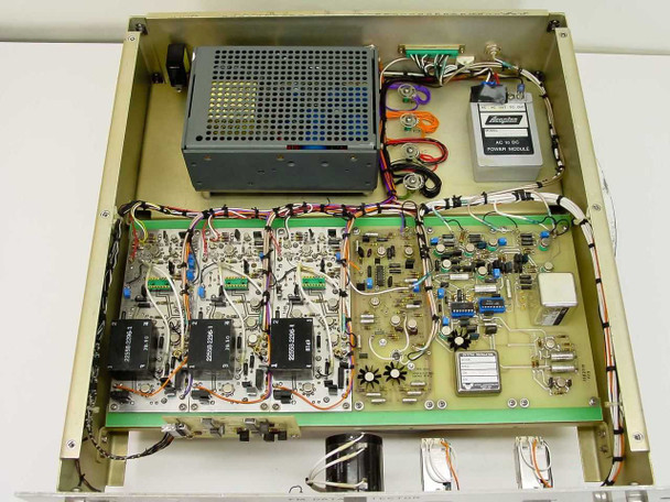 Hughes 3582710-100 internal chassis top view showing main PCB with components, internal power supply, and Amphenol power module