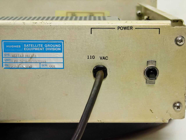Hughes FM Data Detector rear panel showing 110 VAC power input and Hughes Satellite Ground Equipment Division label with Westar Palapa system designation