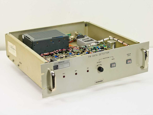 Hughes 3582710-100 FM Data Detector front panel view showing Hughes nameplate, PSI/MIP/EX indicators, Nutation controls, and open chassis with internal PCB visible