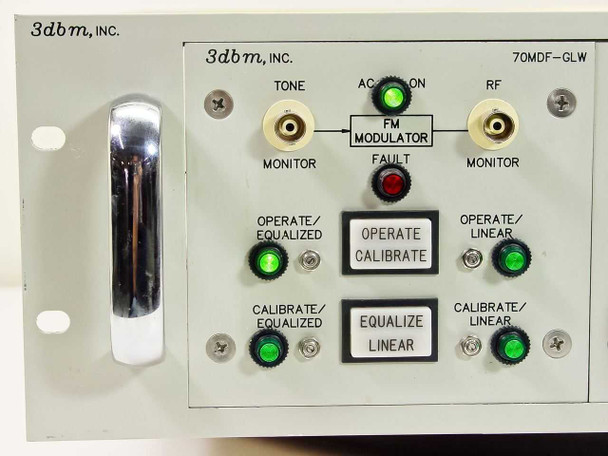 Close-up of 3dbm 70MDF-GLW plug-in front panel showing FM Modulator block diagram, Tone and RF BNC connectors, Operate/Calibrate and Equalize/Linear buttons, and LED indicators