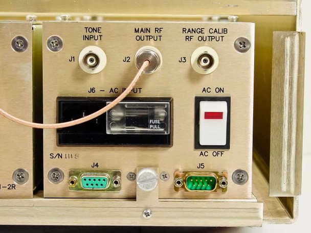 Second 3dbm 70MDF-GLW modulator plug-in rear panel showing identical BNC connector layout, IEC AC input with fuse pull, AC ON/OFF rocker switch, and DB9 serial connectors