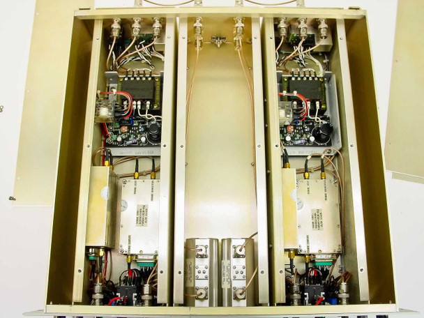 Interior top-down view of 3dbm 70MDF-DAT-GLW chassis with top cover removed showing two modulator assemblies with circuit boards, shielded RF modules, and internal wiring