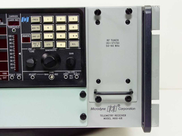 Microdyne 1400-MR right side panel showing RF Tuner 1411-VT(70) 50–90 MHz module label and Microdyne Corporation Telemetry Receiver Model 1400-MR badge