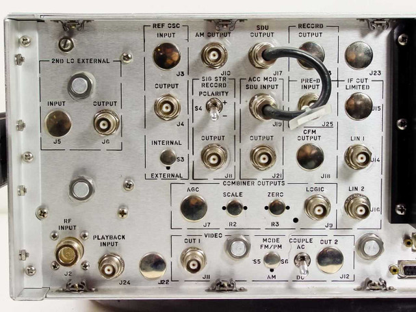 Microdyne 1400-MR rear panel BNC output section showing Ref OSC, AM Output, SDU Output, Record Output, Pre-D, CFM, Video, AGC, Scale, Zero, Logic, and LIN connectors