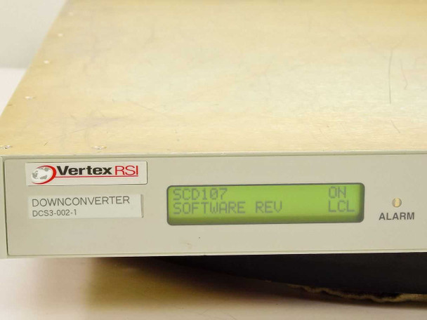 Vertex RSI DCS3-002-1-243 front panel close-up showing LCD display reading SCD107 and SOFTWARE REV LCL, ALARM LED, and Downconverter label