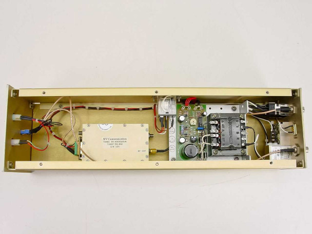 WV Communications 70-01FM-CH — top-off interior view showing internal PCB with WV Communications FM modulator subassembly and circuit board