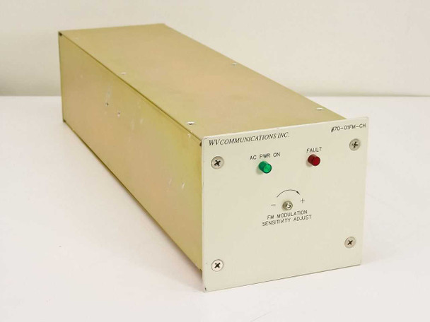 WV Communications 70-01FM-CH FM Modulation Sensitivity Adjust — front panel showing AC PWR ON green LED, FAULT red LED, and sensitivity adjust knob
