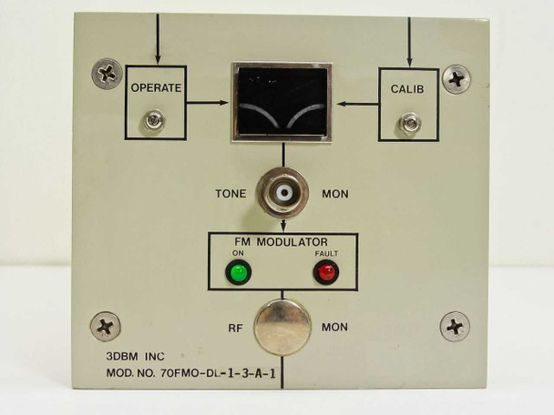 3DBM Inc 70FMO-DL-1-3-A-1 FM Modulator Module – front panel detail showing OPERATE and CALIB switches, meter, TONE MON BNC, FM MODULATOR ON and FAULT LEDs, and RF MON connector
