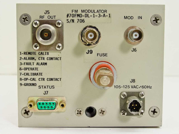 3DBM Inc 70FMO-DL-1-3-A-1 FM Modulator Module – rear panel detail showing J5 RF OUT BNC, J6 MOD IN BNC, J9 TONE fuse connector, J7 DB9 status port, J8 105-125VAC/60Hz power inlet, and control function label