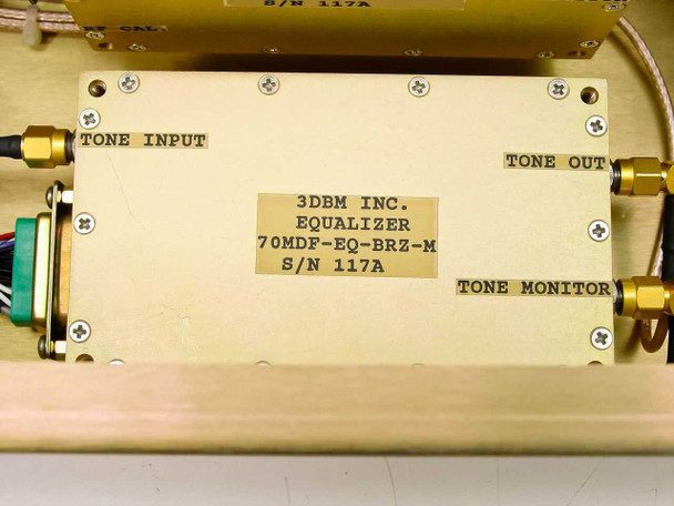 3dbm Inc 70MDF-BRZ – interior close-up of internal equalizer module labeled '3DBM INC EQUALIZER 70MDF-EQ-BRZ-M S/N 117A' with Tone Input, Tone Out, and Tone Monitor SMA connectors
