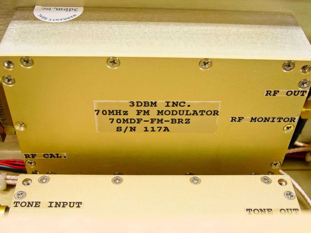 3dbm Inc 70MDF-BRZ – interior close-up of FM modulator sub-assembly labeled '3DBM INC 70MHz FM MODULATOR 70MDF-FM-BRZ S/N 117A' with RF OUT, RF Monitor, RF CAL, and Tone Input connectors