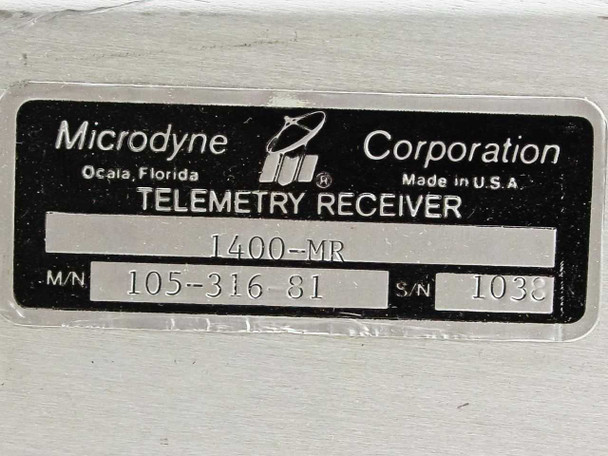 Microdyne 1400-MR nameplate label showing model 1400-MR, MPN 105-316-81, serial number 1038, Made in USA
