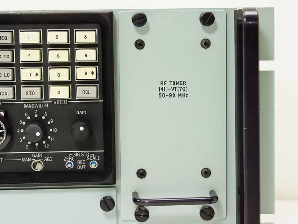 Microdyne 1400-MR right side panel showing 1411-VT(70) RF Tuner plug-in label, 50-90 MHz frequency range