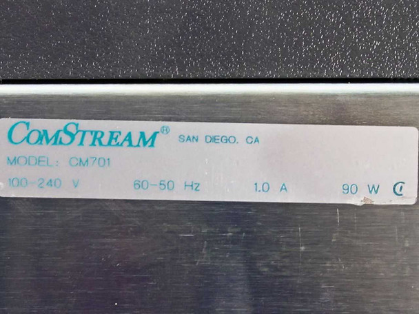 ComStream CM701 rating plate label showing Model CM701, 100-240V, 60-50 Hz, 1.0A, 90W, ComStream San Diego CA, CE mark