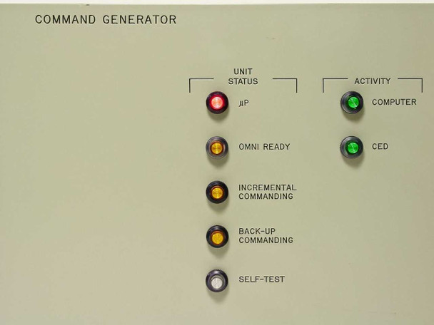 SSEL Command Generator front panel closeup showing Unit Status and Activity indicator lights: uP, OMNI Ready, Incremental Commanding, Back-Up Commanding, Self-Test, Computer, CED