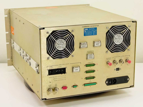 SSEL Hughes 7746600-100 Command Generator rear panel showing dual cooling fans, D-sub connectors, BNC tone output connectors, tone level adjust switches, and IEC AC power inlet