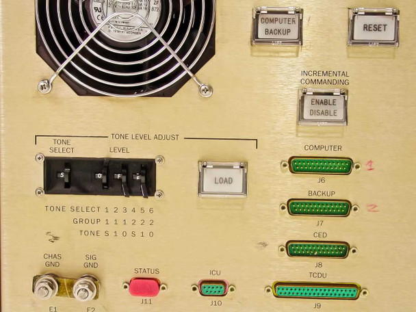SSEL Command Generator rear panel left section showing Tone Level Adjust switches, Computer Backup and Reset buttons, Incremental Commanding Enable/Disable switch, and D-sub connectors J6-J9