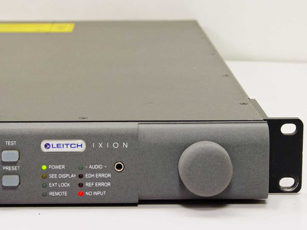 Leitch IXION front panel right side showing Leitch and IXION branding, status LEDs for POWER, SEE DISPLAY, EXT LOCK, REMOTE, AUDIO, EDH ERROR, REF ERROR, NO INPUT
