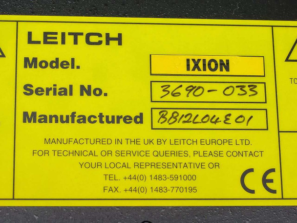 Leitch IXION rear rating label showing Model: IXION, Serial No: 3690-033, Manufactured: BB12L04E01, made in UK by Leitch Europe Ltd.
