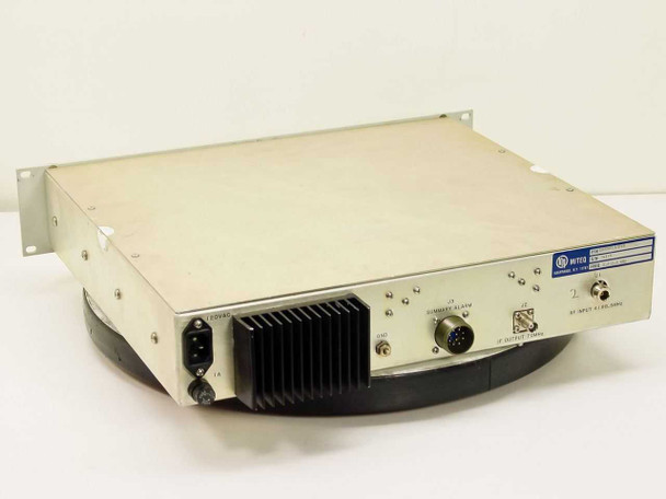 Miteq DN8000/10268 Downconverter – rear three-quarter view showing J1 RF input, J2 IF output, J3 Summary Alarm connector, power inlet, and heatsink