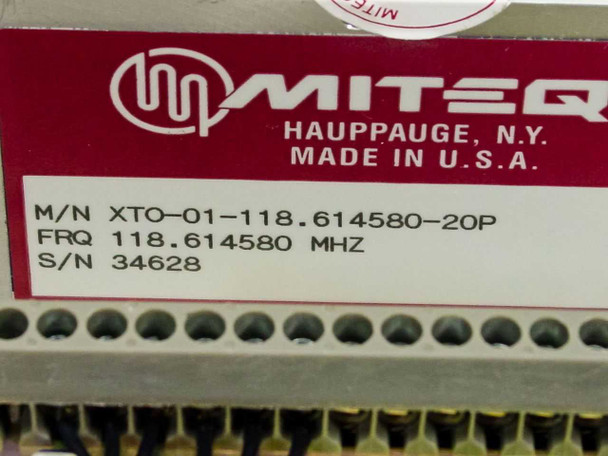Miteq XTO-01-118.614580-20P internal oscillator module label – M/N XTO-01-118.614580-20P, FRQ 118.614580 MHz, S/N 34628, Made in U.S.A.