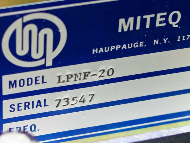 Miteq LPNF-20 internal module label – Model LPNF-20, Serial 73547, Miteq Hauppauge N.Y.