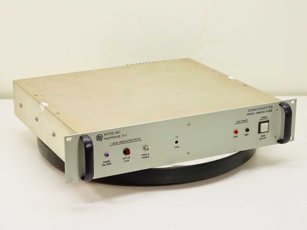 Miteq DN8000/10268 RF Satcom Downconverter – front panel three-quarter view showing Local Oscillator Status indicators and POWER button