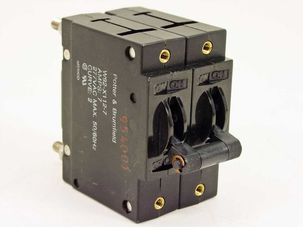 Potter & Brumfield W92-X112-7 2-pole circuit breaker front view showing dual rocker ON/OFF handles and panel mount frame