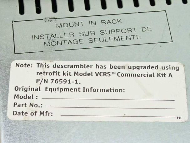 General Instrument VideoCipher II bottom panel label — Mount In Rack instruction and retrofit upgrade note: upgraded using VCRS Commercial Kit A P/N 76591-1