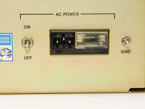 Rear panel AC Power section showing ON/OFF toggle switch, IEC power inlet with fuse, and GND terminal