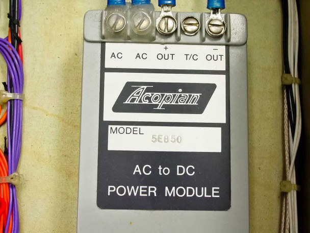 Acopian Model 5E850 AC to DC Power Module label showing AC/OUT/T-C terminals
