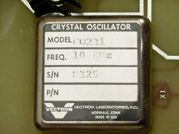 Vectron Laboratories Crystal Oscillator Model CO231 label showing 10 kHz frequency, S/N 8325