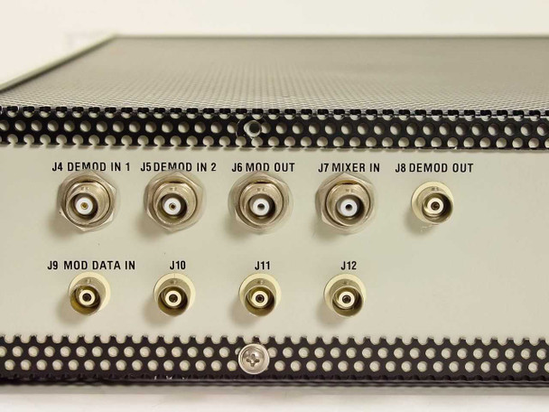 Decom Systems DSI 7132 PSK Modem – rear BNC connector array detail: J4 Demod In 1, J5 Demod In 2, J6 Mod Out, J7 Mixer In, J8 Demod Out, J9 Mod Data In, J10–J12