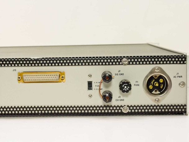 Decom Systems DSI 7132 PSK Modem – rear panel right section showing J13 D-sub connector, fuse F1, J2 SIG GND, J3 CH GND, and J1 AC PWR circular connector