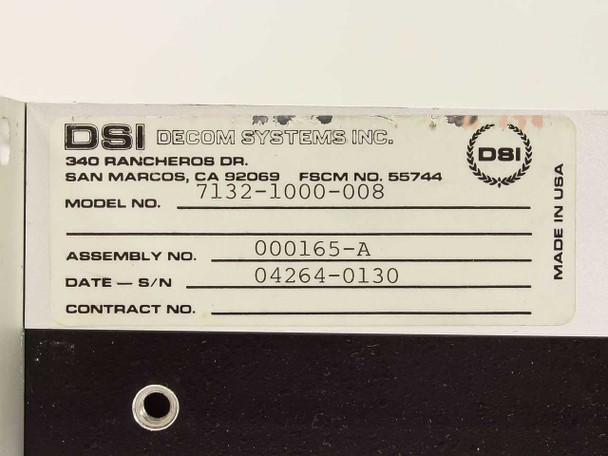 Decom Systems DSI 7132 PSK Modem – data plate label showing Model No. 7132-1000-008, Assembly No. 000165-A, Date/S/N 04264-0130, FSCM 55744, Made in USA