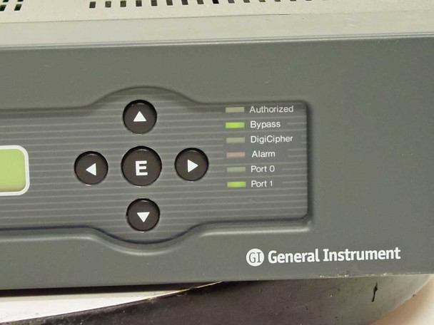 General Instrument DSR4400 front panel close-up showing navigation keypad, Enter button, and status indicator LEDs: Authorized, Bypass, DigiCipher, Alarm, Port 0, Port 1