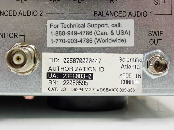 Scientific Atlanta D9224 rear label close-up showing Cat. No. D9224 V 22TXDSBXXX 803-356, TID, Authorization ID, RN, and Made in Canada marking