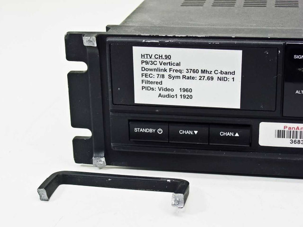 Scientific Atlanta D9224 front panel close-up showing detached broken handle bracket and HTV CH.90 C-band channel configuration label