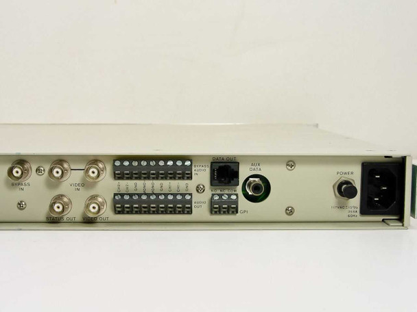 Leitch VGD-3200E rear panel detail showing Bypass In, Video In, Status Out, Video Out BNC connectors plus Data Out RJ port, AUX Data, GPI, and power rating label 117VAC 35VA 60Hz